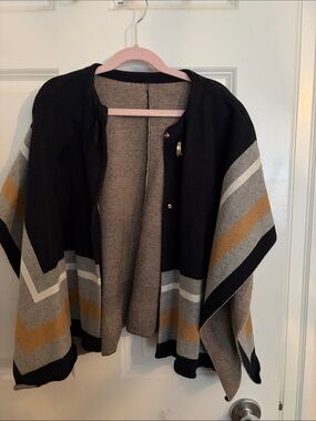 Striped Open-Front Poncho Cape in Black, Gray & Camel